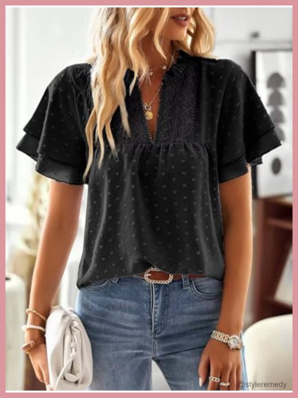 Womens V Neck Crochet Lace Blouse Short Sleeve Swiss Dots Top - Picture 3 of 6